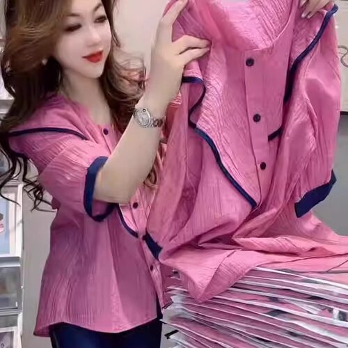 欧货圆领短袖衬衫女夏季新款