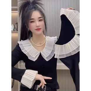 减龄气质小衫 欧货高级感黑色荷叶边喇叭袖 时尚 新款 上衣女2026春季