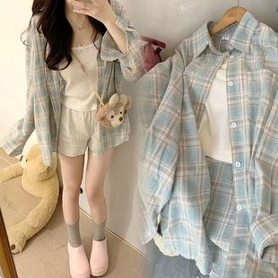 慵懒休闲遮肉衬衣外套宽松上衣防晒长袖 AMYOVE新款 2025格子衬衫