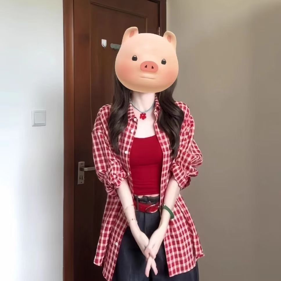 复古美式红色格子防晒长袖衬衫衬衣女2026新款春季多巴胺绝美上衣图片