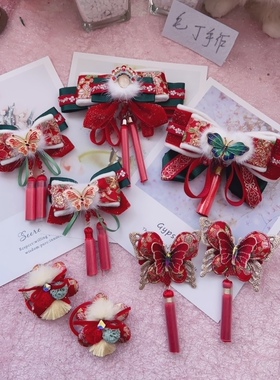 Mao手作024红绿色刀马旦新年发饰手工蝴蝶结