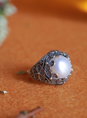 妃琳记925纯银中式花丝戒指珍珠