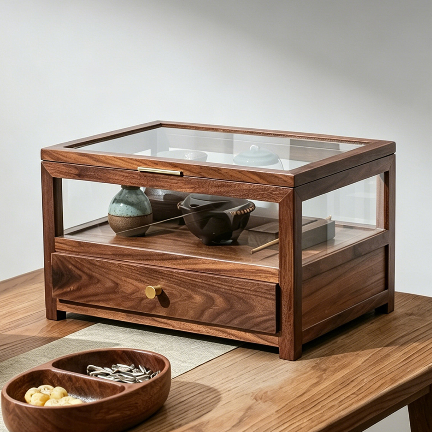 实木玻璃桌面抽屉式茶具收纳柜