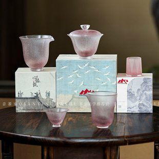 手工古法琉璃盖碗茶杯公道杯 心缘堂琉璃 冰透紫花颜茶器