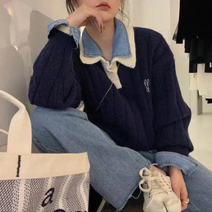 韩国grove羊驼polo领套头翻领针织衫 休闲宽松拼色毛衣2023年早春