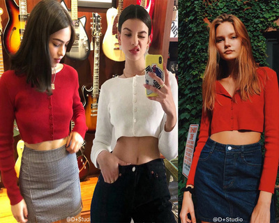 单排扣短款露脐纯色圆领针织毛衣