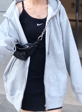 brandy melville欧美复古拉链纯色宽松大码休闲连帽衫卫衣外套