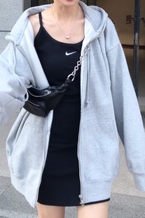 brandy melville欧美复古拉链纯色宽松大码休闲连帽衫卫衣外套