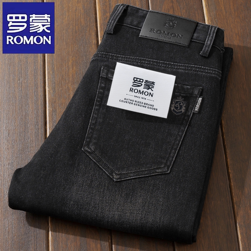 罗蒙黑灰色牛仔裤男直筒弹力