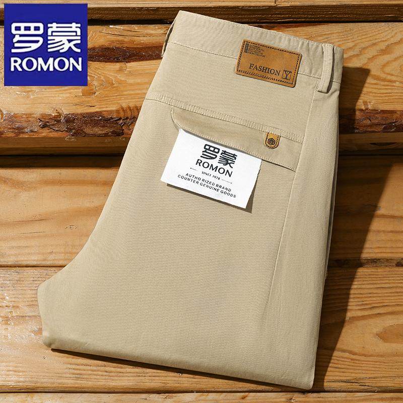罗蒙春夏季休闲裤男士中青年纯棉弹力运动直筒商务卡其翻盖西裤子