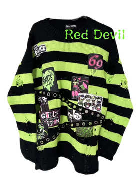 【AGD】RedDevil亚文化remake毛衣emo风黑绿条纹毛衣小众设计原宿
