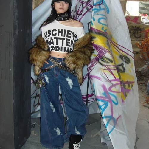 【AGD】RecoverZone春季新款复古设计感做旧磨破水洗宽松牛仔裤女