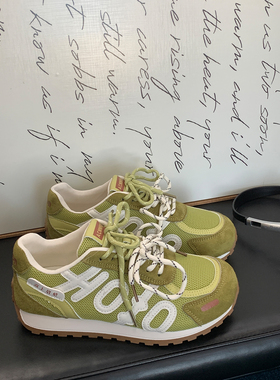 绿色德训鞋女复古双鞋带春夏季爆款厚底拼色休闲运动百搭阿甘鞋子