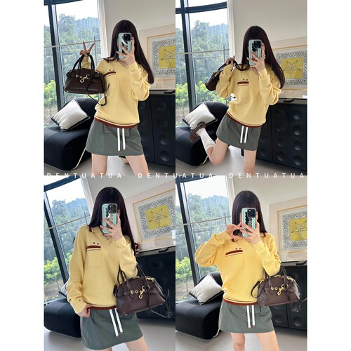DENTUATUA 俏皮不幼稚！26ss 撞色条纹字母刺绣翻领长袖针织衫 女