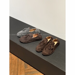 DENTUATUA 小众天花板~不怕不跟脚~复古流苏雪花平底乐福鞋女单鞋