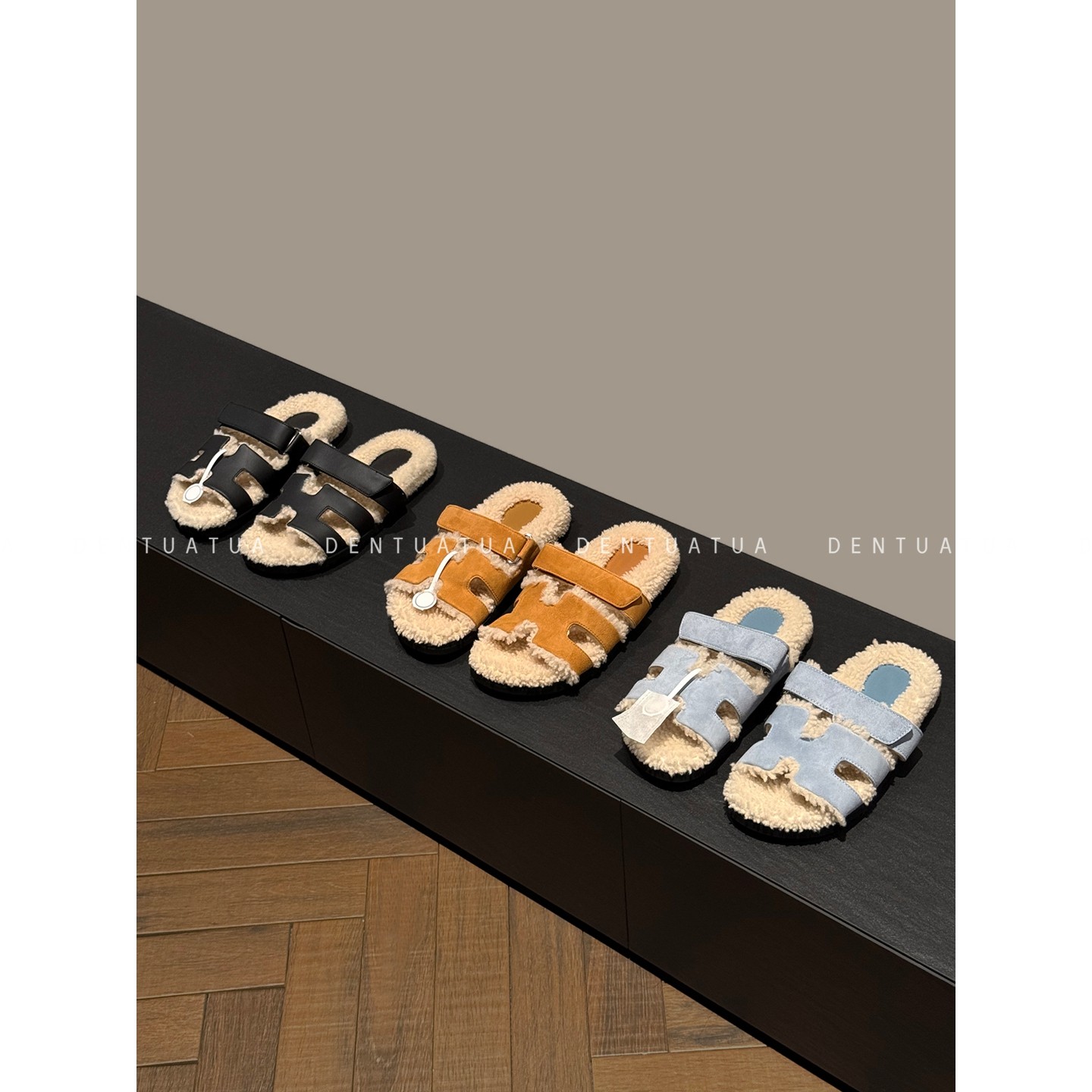 DENTUATUA 都市隐居者的温暖仪式！25ss 羊羔毛魔术贴一字拖鞋 女,女鞋,一字拖,淘宝优惠券,粉丝福利购,淘宝优惠卷