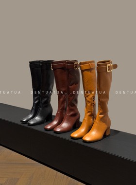 DENTUATUA 现代机能的隐秘革新！25FW 皮带扣侧拉链粗跟长筒靴 女