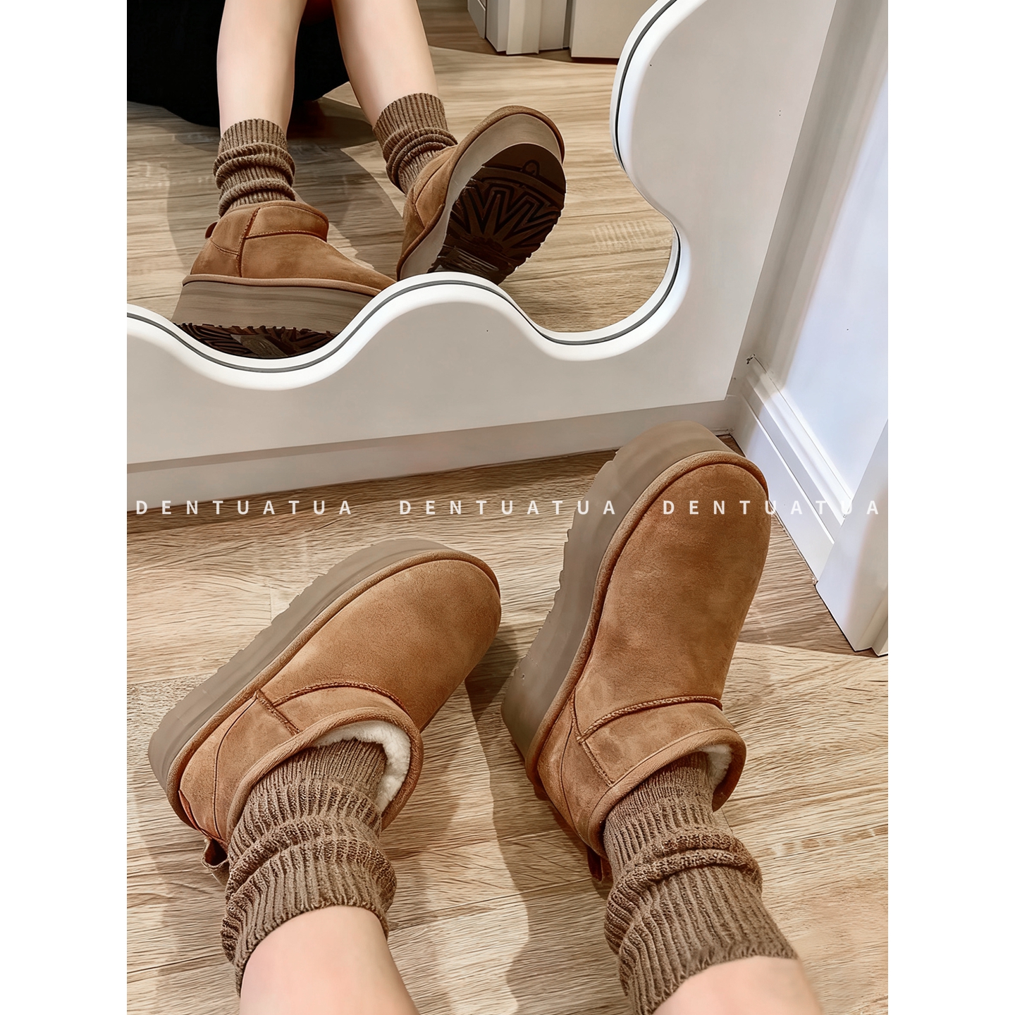 DENTUATUA 雪地足迹的细腻色落！25FW 皮毛一体厚底短筒雪地靴 女