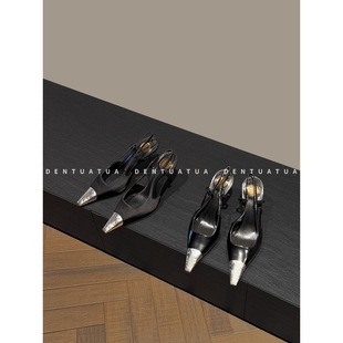 DENTUATUA 银黑碰撞的撕裂感！25FW 金属方头后绊带高跟凉鞋 女