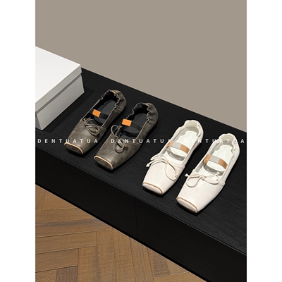 DENTUATUA 小众精致风！25FW方头一字带蝴蝶结玛丽珍浅口单鞋女