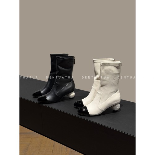 DENTUATUA 突破传统的形态限制！25FW 珍珠跟拼色中筒瘦瘦靴 女