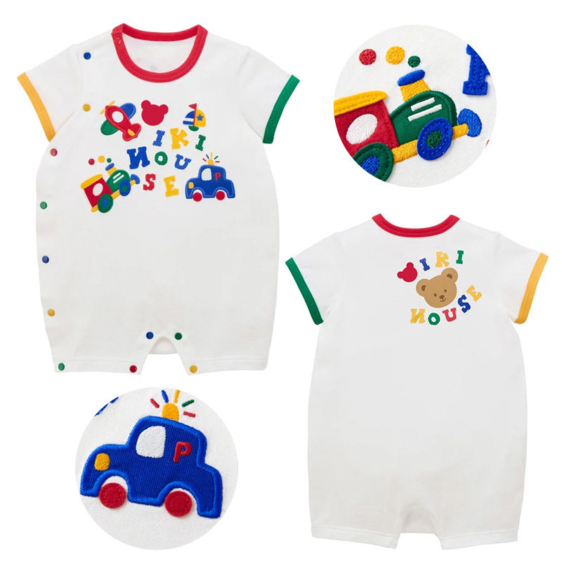 miki宝宝夏季哈衣日系男女儿童全棉卡通可爱小熊工程车连体衣爬服