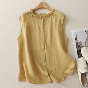 衬衫 2025新款 无袖 薄款 女麻料上衣小个子高端棉麻亚麻外穿背心 夏季