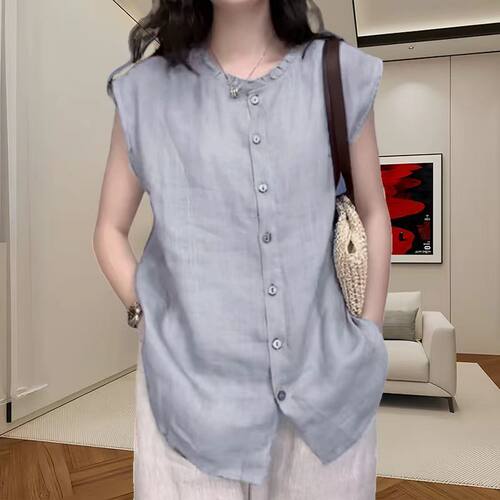夏季大码宽松纯色木耳边圆领无袖上衣麻料T恤休闲背心文艺小衫女