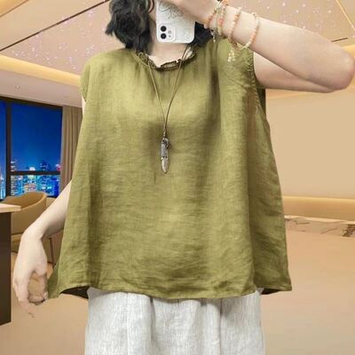 夏季大码宽松纯色木耳边圆领无袖上衣麻料T恤休闲背心文艺小衫女