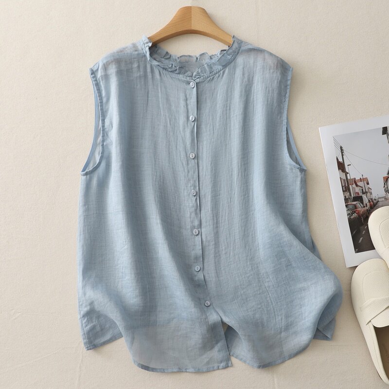 大码宽松微胖纯色木耳边圆领无袖上衣麻料T恤休闲百搭背心小衫女,女装/女士精品,背心吊带,淘宝优惠券,粉丝福利购,淘宝优惠卷