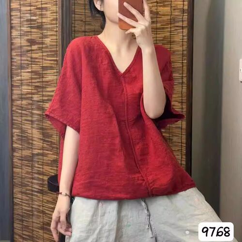 复古棉麻T恤女2026夏季新款纯色V领短袖文艺休闲宽松百搭上衣女