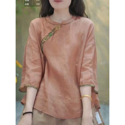 新中式国风文艺优雅斜襟衬衫女2025夏季新款端庄大气宽松遮肉上衣