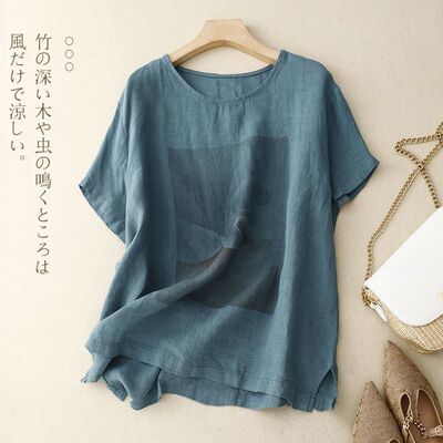 纯色棉麻短袖圆领衬衫女夏季新款休闲通勤百搭显瘦T恤开衫上衣薄