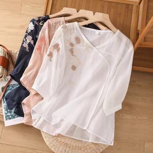 上衣薄 艺复古V领棉麻刺绣衬衫 女2025夏季 新款 宽松优雅气质五分袖
