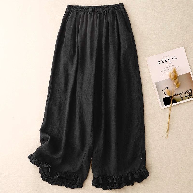 复古日系亚麻阔腿裤女夏季年轻款脚口花边裤百搭休闲棉麻直筒裤子,女装/女士精品,休闲裤,淘宝优惠券,粉丝福利购,淘宝优惠卷
