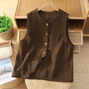 上衣西装 休闲复古棉麻宽松无袖 棉麻 薄款 坎肩马甲圆领背心2025夏季