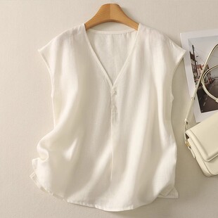 棉麻极简设计感苎麻无袖衬衫女夏季慵懒V领宽松舒爽背心外穿上衣