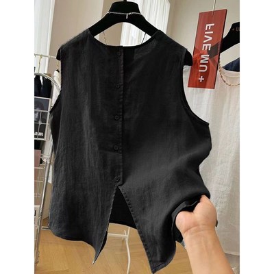 无袖棉麻衬衫女夏季新款圆领背心设计感衬衣时尚宽松遮肚薄款上衣