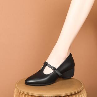 特娜迪牛皮丁字鞋舒适黑色小皮鞋百搭玛丽珍鞋妈妈鞋软底坡跟单鞋