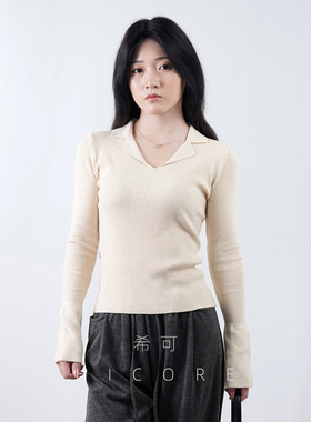 韩版杏色V领长袖针织衫女秋冬设计感小众内搭打底衫套头毛衣上衣