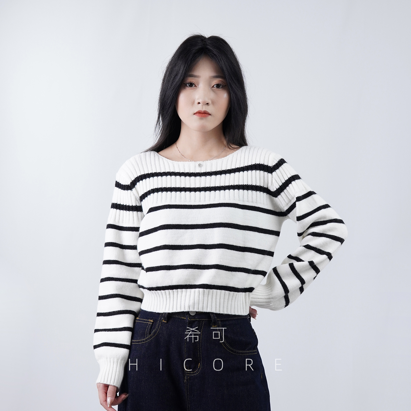 黑白条纹内搭针织衫毛衣女打底衫