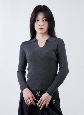 深灰色v领针织衫女秋季新款修身气质POLO领长袖打底衫显瘦上衣秋