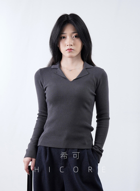 深灰色V领长袖针织衫女2025秋冬新款修身显瘦内搭打底衫毛衣上衣