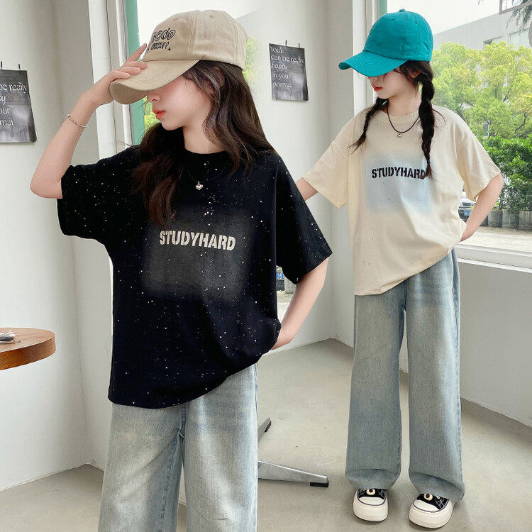 女童时髦套装2026夏季儿童中大童韩版休闲短袖字母T两件套潮