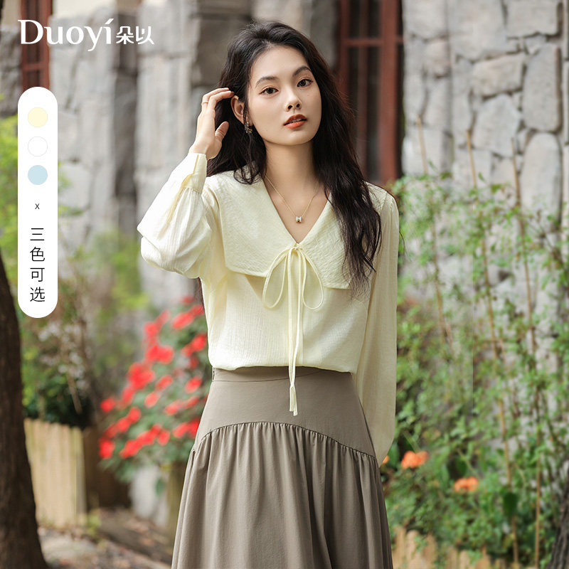 朵以2024春季新款简约清新系带娃娃领提花衬衣衬衫上衣38DC149008