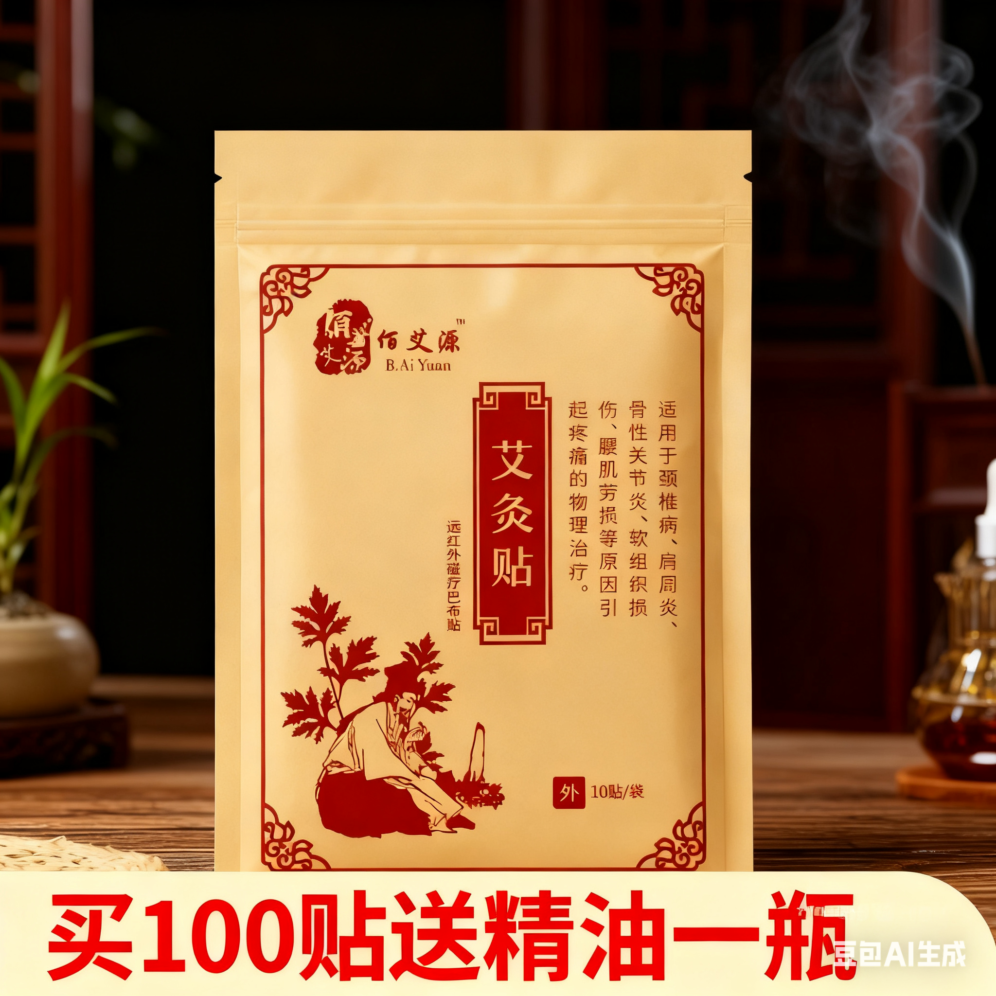 佰艾源艾灸贴100艾草热灸贴艾叶温灸发热贴片膝盖艾草颈肩腰腿贴