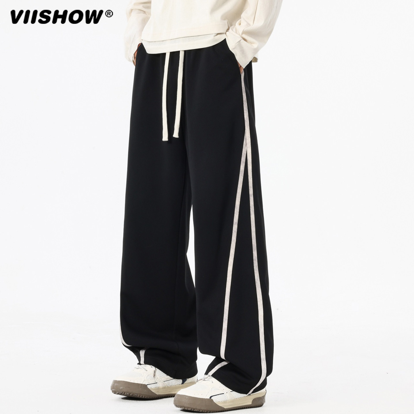 VIISHOW高街复古阔腿裤男女秋季哈苏明线分割设计宽松直筒长裤子