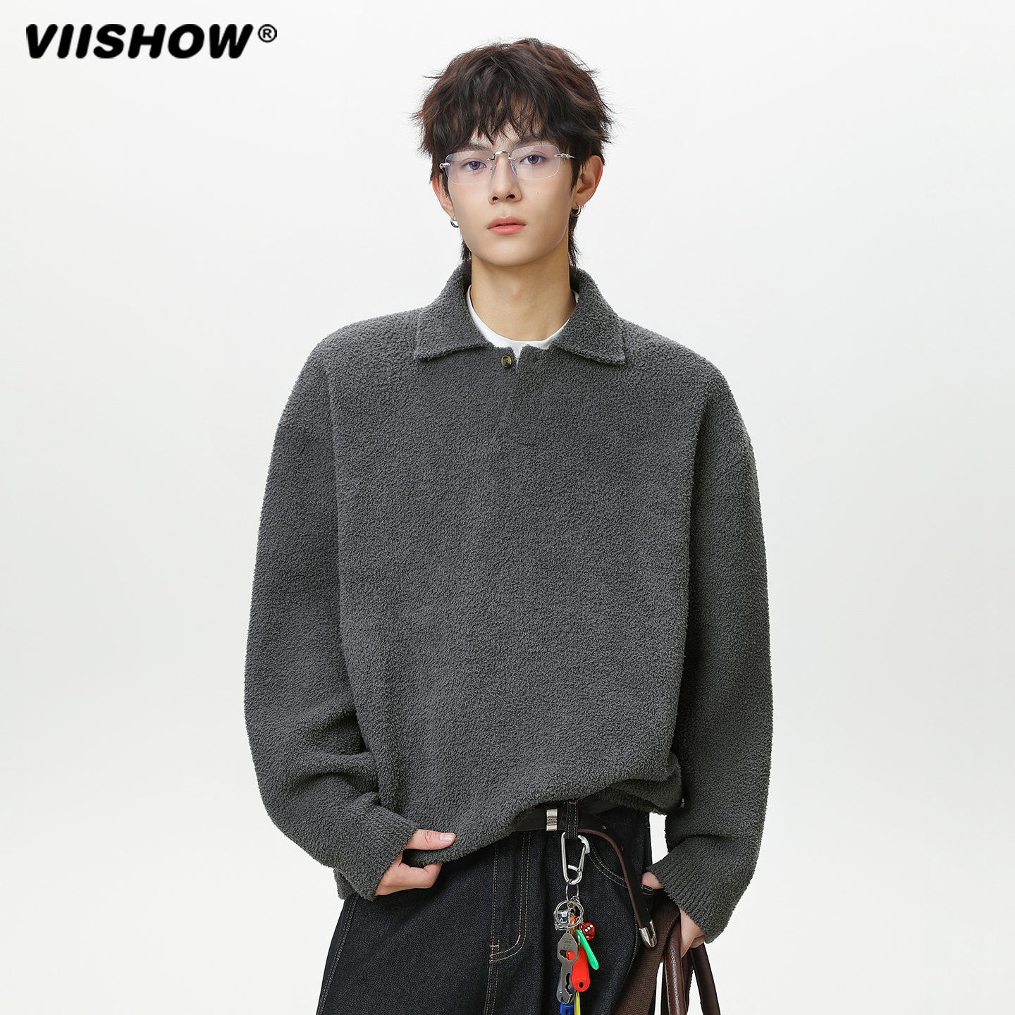 VIISHOW翻领POLO毛衣男秋2025新款老钱风加厚仿貂毛绒针织衫外套