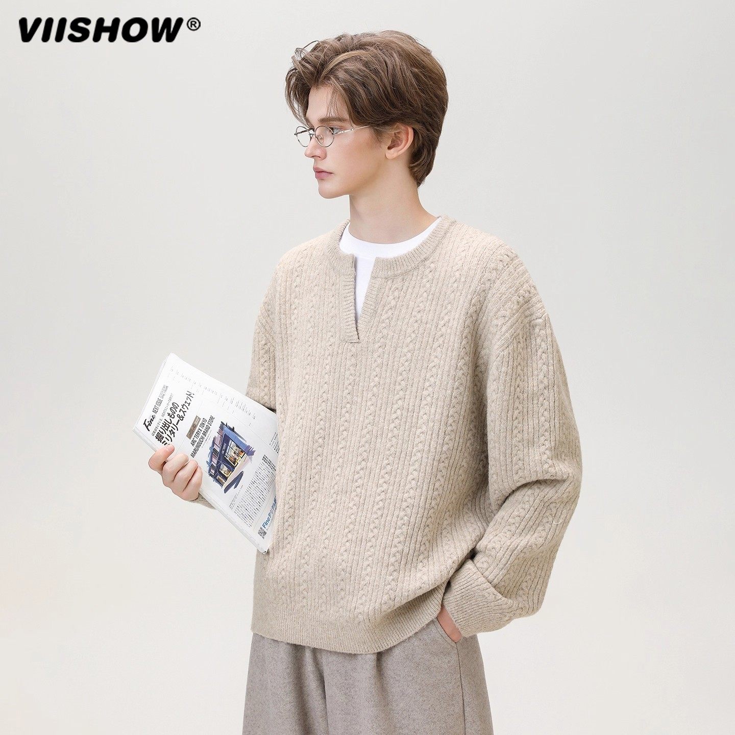 VIISHOW小v领毛衣男秋冬休闲宽松百搭复古潮牌慵懒风针织衫外套