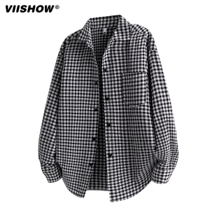 VIISHOW日系复古学院风格子衬衫男秋季新款宽松中长款衬衣外套潮